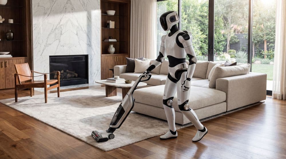 A photo of a humanoid robot vacuuming a home